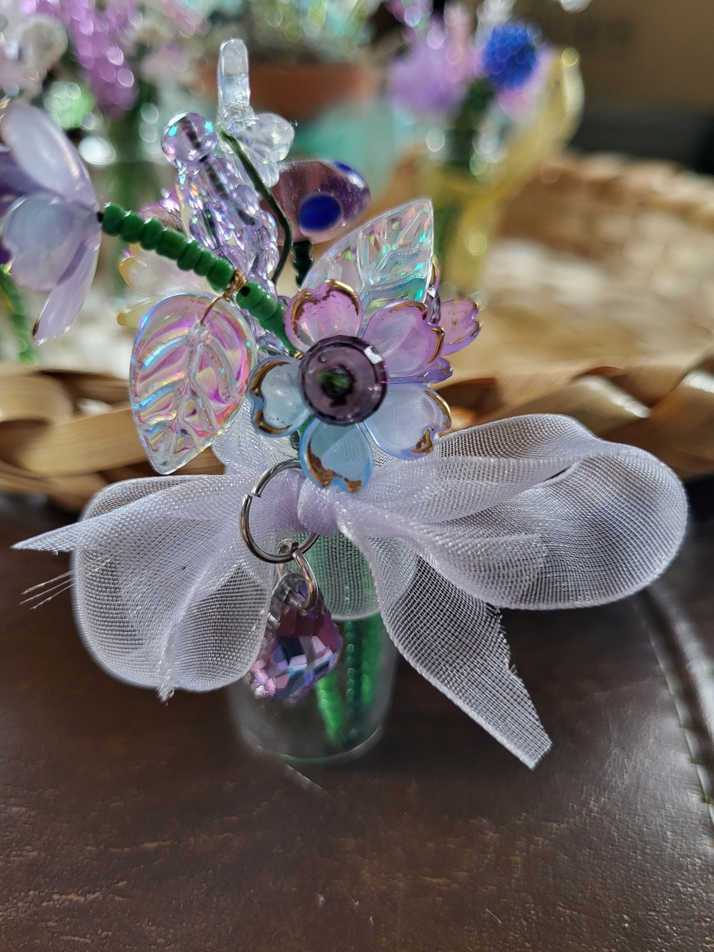 Lavender Iridescent Beaded Floral Accent With Crystal Charm